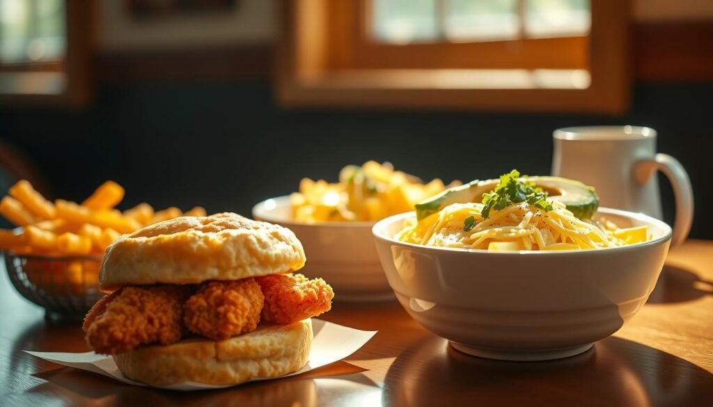 A beautifully arranged Chick-fil-A breakfast spread showcasing secret menu items. In the foreground, a delectable Chick-fil-A biscuit sandwich, golden-brown and flaky, with crispy chicken peeking out, served alongside a small stack of golden hash browns. In the middle, a mouthwatering breakfast bowl filled with scrambled eggs, shredded cheese, and slices of avocado, garnished with fresh herbs, exuding warmth. To the back, a sunny window offers a soft, natural light, illuminating the table and casting gentle shadows, enhancing the inviting atmosphere. The overall mood is cozy and appetizing, ideal for a breakfast setting, emphasizing the unique appeal of the Chick-fil-A breakfast secret menu. Use a warm color palette to make the food items pop. No text or additional elements in the image.