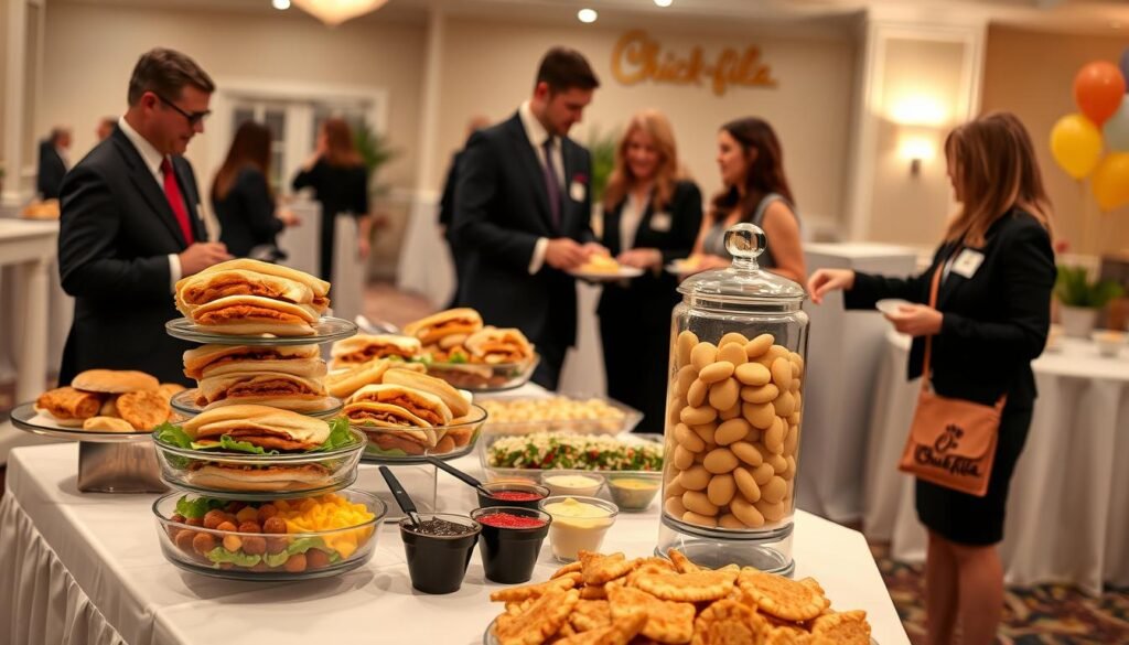 A beautifully arranged Chick-fil-A catering setup in a well-lit indoor event space. In the foreground, an elegant buffet table is adorned with a white tablecloth, showcasing neatly stacked trays filled with Chick-fil-A chicken sandwiches, mac and cheese, fresh salads, and assorted dipping sauces. Freshly baked cookies are displayed in a tall glass jar. In the middle ground, professional catering staff in smart business attire are engaging with guests, serving food, and providing recommendations, creating a warm and inviting atmosphere. The background features tasteful decorations like balloons and subtle lighting, enhancing the celebratory mood. Capture this scene with a soft focus lens, emphasizing the delicious food and the pleasant interaction, ensuring the ambiance feels welcoming and festive.