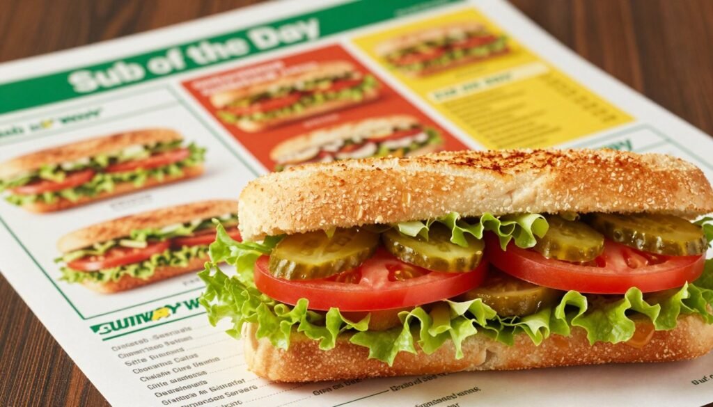 A beautifully arranged Subway menu showcasing the "Sub of the Day," featuring a fresh, mouth-watering sandwich with layers of vibrant vegetables—crisp lettuce, juicy tomatoes, and pickles—nestled between soft, toasted bread. The foreground captures a close-up of the sub, glistening under warm, inviting lighting, enhancing the colors and textures. In the middle, a blurred, colorful background displays other enticing menu options, creating a dynamic and appealing atmosphere. Soft shadows add depth, while the composition is framed with a slightly tilted angle to give a sense of casual dining. The overall mood is appetizing and friendly, encouraging viewers to explore the tasty offerings of the Subway menu.