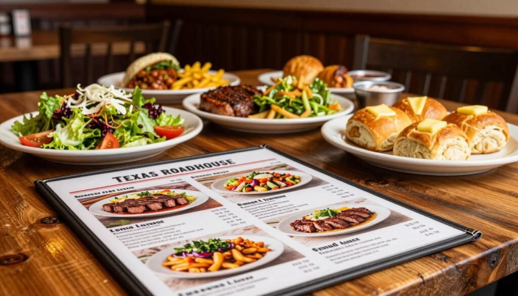 A beautifully arranged Texas Roadhouse lunch menu displayed on a rustic wooden table. In the foreground, a well-presented menu features mouth-watering images of signature dishes like juicy steak, fresh salads, and warm, buttery rolls, all vibrant and colorful. The middle ground captures additional plates filled with popular lunch items, artfully garnished, inviting viewers to indulge. In the background, a cozy restaurant ambiance is depicted, with warm lighting and wooden decor, conveying an inviting atmosphere. Soft shadows enhance the richness of the colors, creating a sense of warmth and comfort. The overall mood is lively yet relaxed, perfect for a delightful lunch experience. The scene is captured from a slightly elevated angle to highlight the menu details without including any text or human subjects.