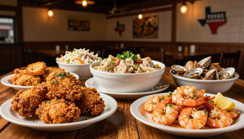 A beautifully arranged Texas Roadhouse menu display featuring an array of delectable chicken, seafood, and country favorites. In the foreground, a mouthwatering plate of crispy fried chicken garnished with herbs, alongside a generous serving of shrimp scampi with garlic and lemon. In the middle, a wooden table adorned with an inviting bowl of hearty chicken and dumplings, complemented by a colorful side of coleslaw. The background showcases a rustic ambiance with warm wooden tones and low-hanging lights creating a cozy, inviting atmosphere. Soft focus on the edges gives a professional touch, while a slight overhead angle highlights the delicious variety. The overall mood is casual yet enticing, perfect for food lovers seeking comfort and taste.