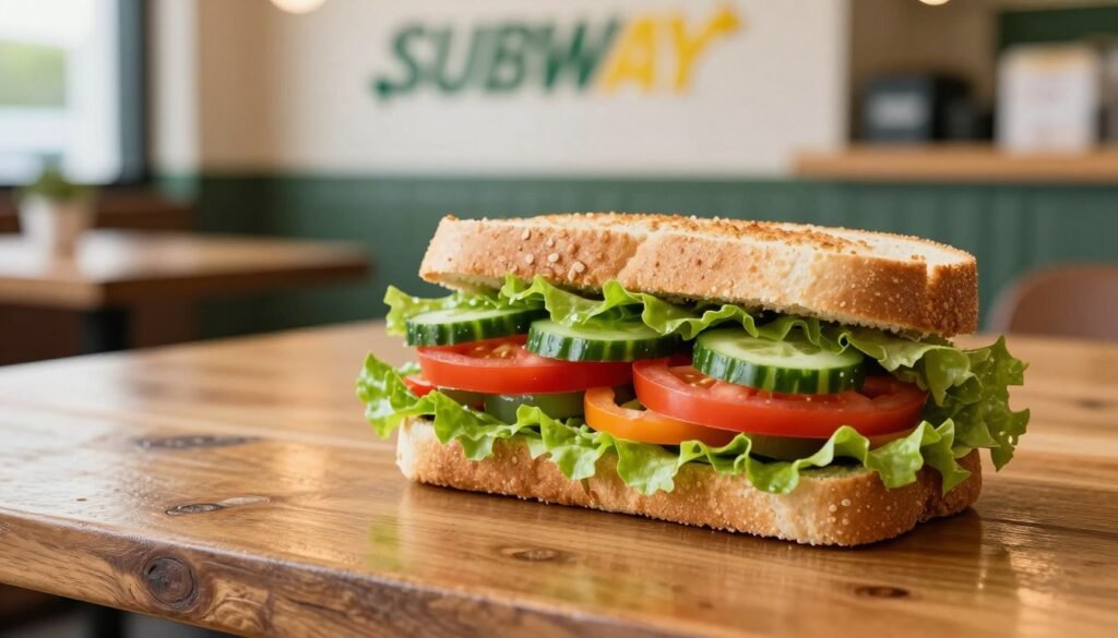 A beautifully arranged Veggie Delite Subway sandwich is displayed prominently in the foreground, featuring vibrant, fresh vegetables like crisp lettuce, juicy tomatoes, crisp cucumbers, and bell peppers, layered artfully on soft, whole-grain bread. The middle ground includes a clean, rustic wooden table with a subtle sheen of natural light reflecting off it, enhancing the freshness of the ingredients. In the background, softly blurred, there are hints of a Subway shop ambiance with minimalistic decor and a warm, inviting color palette, creating a cozy and welcoming atmosphere. The scene is illuminated by soft, diffused lighting to highlight the sandwich's textures, taken from a slightly elevated angle to emphasize the sandwich's layers and colors, evoking a sense of healthy indulgence and wholesome nourishment.