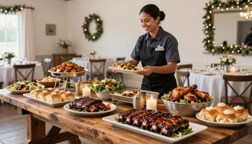 A beautifully arranged catering setup featuring Texas Roadhouse dishes, in a bright, well-lit indoor event space. In the foreground, a large rustic wooden table is laden with an assortment of delicious barbecue ribs, grilled chicken, fresh salads, and rolls with cinnamon butter. Decorative elements like elegant centerpieces and subtle ambient lighting create an inviting atmosphere. In the middle ground, an attentive professional caterer, dressed in a smart, casual Texas Roadhouse uniform, serves guests with a warm smile. The background showcases tasteful decorations, emphasizing a festive yet cozy environment, with string lights softly illuminating the space. The overall mood is lively and welcoming, perfect for a celebratory event.
