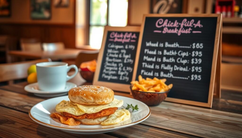 A beautifully arranged display of Chick-fil-A breakfast menu items and prices on a rustic wooden table. In the foreground, showcase a delicate plate featuring a golden fried chicken biscuit, fluffy scrambled eggs, and a side of crispy hash browns, artfully garnished with fresh herbs. In the middle ground, include a chalkboard-style menu listing breakfast prices, handwritten in an inviting font, surrounded by fresh fruit and a steaming cup of coffee. The background features a cozy dining environment with soft morning light filtering through a window, reflecting a warm and welcoming atmosphere. The scene captures the essence of delicious, value-oriented breakfast options, inviting viewers to explore the delightful menu.