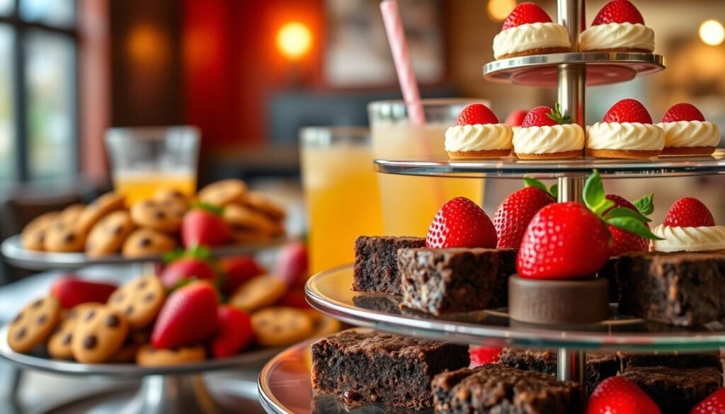 A beautifully arranged display of Chick-fil-A catering desserts, featuring a variety of delectable treats such as mini chocolate chip cookies, rich brownies, and strawberry cheesecake bites. In the foreground, focus on a tiered dessert stand showcasing the desserts artistically arranged with fresh strawberries as garnish. In the middle layer, include a few vibrant beverage options, like sweet tea and lemonade, served in clear cups with condensation visible. The background should show a cozy indoor setting with warm lighting that enhances the inviting atmosphere. Use a shallow depth of field to softly blur the background while keeping the desserts in sharp focus. Capture the mood of a delightful catering experience, perfect for events.