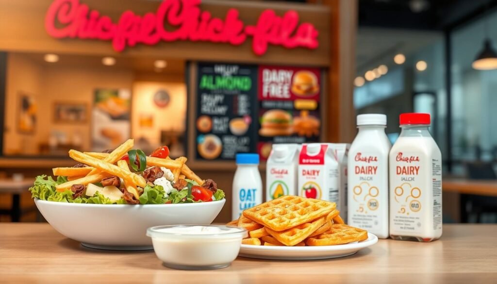 A beautifully arranged display of Chick-fil-A's dairy-free menu options is the focal point of the image. In the foreground, showcase a vibrant salad topped with fresh ingredients, a bowl of crispy waffle fries, and a dairy-free dipping sauce, all elegantly presented on a white plate. The middle ground features a selection of milk alternatives like almond, oat, and soy milk, artfully lined up beside a menu board with colorful, inviting imagery. In the background, a softly blurred Chick-fil-A restaurant exterior sets the scene, with warm, welcoming lighting that suggests a cozy, friendly atmosphere. The composition captures the essence of choice for individuals avoiding dairy, radiating positivity and inclusivity. Use a wide-angle lens to encompass the delicious offerings while maintaining a bright, cheerful mood throughout the image.