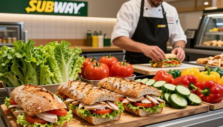 A beautifully arranged display of gluten-free options available at Subway, featuring fresh ingredients like vibrant lettuce, juicy tomatoes, crunchy cucumbers, and colorful bell peppers. In the foreground, a variety of gluten-free bread options are showcased, artfully sliced and filled with various vegetables and lean proteins like grilled chicken and turkey. The middle ground highlights a Subway sandwich artist in professional attire, skillfully preparing a sandwich with precision and care. The background captures a minimalist and modern Subway setting, well-lit with warm, inviting lighting that emphasizes the freshness of the ingredients. The overall atmosphere is welcoming and health-conscious, perfect for diners seeking allergy-friendly choices.