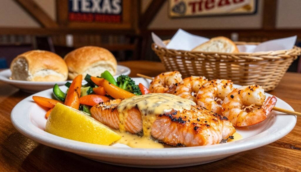 A beautifully arranged plate of gluten-free seafood dishes at Texas Roadhouse, showcasing a delicious grilled salmon fillet glazed with a lemon butter sauce, perfectly seared shrimp skewers, and a side of colorful mixed vegetables. The foreground features a close-up of the food with sparkles of seasoning glinting in the light. The middle ground provides a warm wooden table setting, classic Texas Roadhouse dinner rolls and a soft, rustic breadbasket, enhancing the casual dining atmosphere. In the background, hints of Texas Roadhouse's signature western decor elements, like wooden beams and vintage signs, add context. Soft, warm lighting casts a inviting glow, creating a cozy and welcoming mood typical of a family restaurant setting. The scene captures an enticing, wholesome gluten-free dining experience.