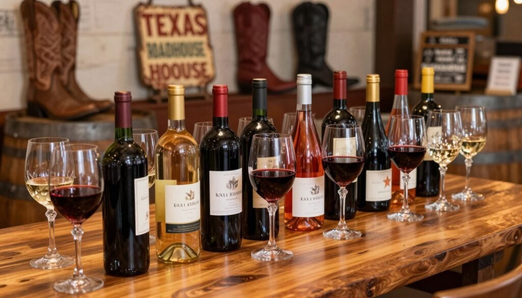 A beautifully arranged table at a Texas Roadhouse with a selection of wine options prominently displayed. In the foreground, an elegant wooden table features an assortment of wine bottles with colorful labels, including reds, whites, and rosés, alongside crystal wine glasses filled with rich, deep shades of wine reflecting light. The middle background showcases rustic decor typical of Texas Roadhouse, such as cowboy boots, vintage signs, and wooden barrels. Soft, warm lighting creates a cozy, inviting atmosphere, accentuating the textures of the table and bottles. The scene captures the essence of a vibrant dining experience, perfect for wine lovers in a casual yet charming setting. The image is shot with a slight angle to provide depth, showcasing the inviting ambiance and wine selection without any text or overlays.