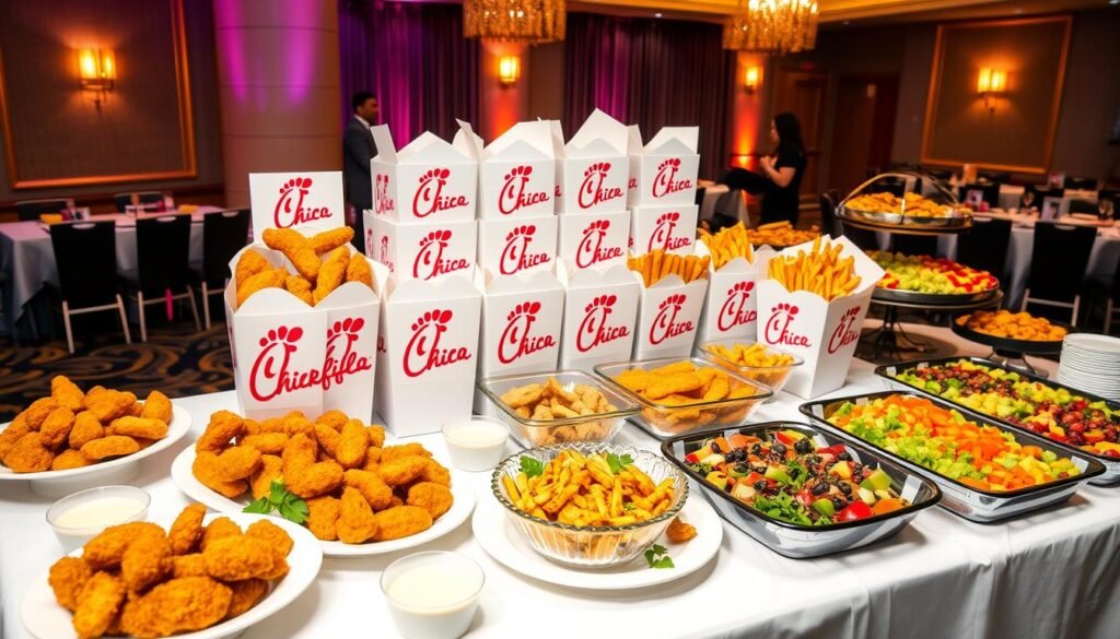 A beautifully arranged table featuring Chick-fil-A lunch catering options, including platters of crispy chicken sandwiches, chicken nuggets, fresh salads, waffle fries, and fruit trays. In the foreground, an inviting spread showcases colorful, appetizing food items on elegant white tableware, with dipping sauces in small bowls. The middle section includes neatly organized catering boxes adorned with the Chick-fil-A logo and napkins, evoking a festive, communal atmosphere. In the background, a stylishly decorated event space with soft, warm lighting enhances the inviting mood, capturing the essence of a friendly group gathering. Use a slightly elevated angle to provide a comprehensive view of the catering setup, emphasizing the deliciousness and appeal of the lunch options. The overall atmosphere is cheerful and welcoming, suitable for social or business events.