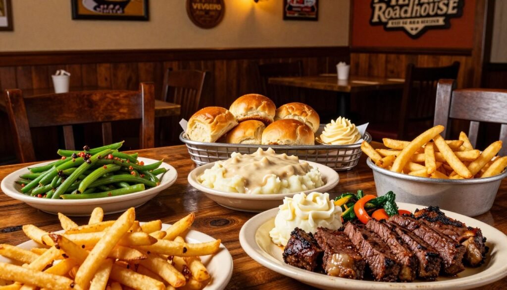 A beautifully arranged table showcasing Texas Roadhouse's early bird specials, featuring a variety of sides like seasoned green beans, mashed potatoes with gravy, and crispy french fries, all surrounding a basket of freshly baked, golden-brown dinner rolls with soft, whipped cinnamon butter on the side. In the foreground, a vibrant plate of the Steak Dinner with perfectly cooked vegetables adds depth. The middle section focuses on a rustic wooden table with a cozy diner environment, warm amber lighting illuminating the scene, creating an inviting atmosphere. The background includes elegantly decorated Texas Roadhouse decor, with wooden accents and rustic charm. Capture this scene from a slightly elevated angle, emphasizing the delicious food and the warm, welcoming vibe of the restaurant, evoking a sense of comfort and enjoyment.