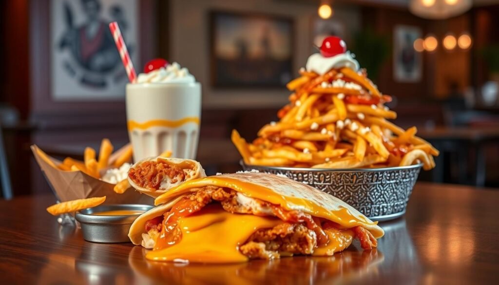 A beautifully arranged table showcasing a selection of popular Chick-fil-A secret menu items. In the foreground, a vibrant “Chicken Quesadilla” with melted cheese and crispy chicken slices, surrounded by a side of zesty dipping sauce. Next to it, a colorful “Fries with Buffalo Sauce” piled high, topped with crumbled blue cheese. In the middle ground, include a delightful “Peach Milkshake” in an elegant glass with a whipped cream topping and a cherry, exuding a refreshing vibe. The background features a softly blurred rustic café setting with ambient warm lighting, creating a cozy atmosphere. The scene is shot from a slightly elevated angle, emphasizing the textures and colors of the food while evoking a sense of indulgence and excitement about these hidden menu offerings at Chick-fil-A.