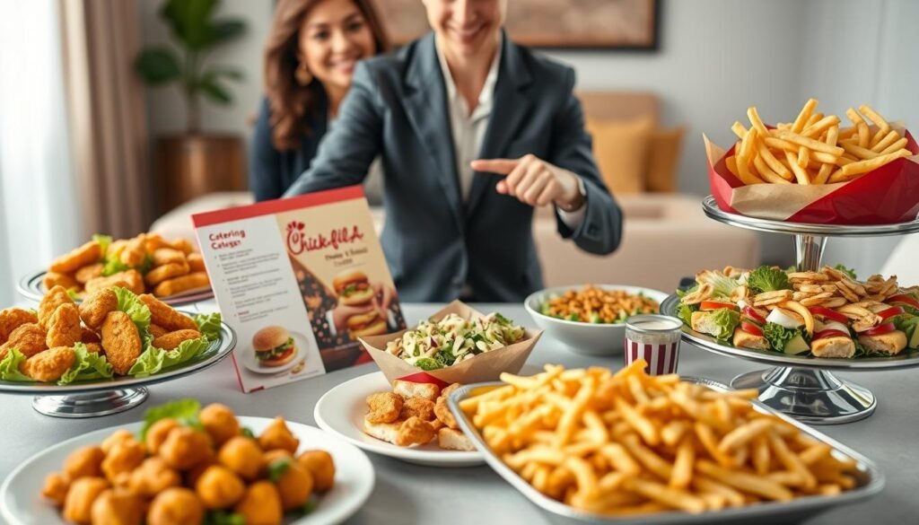 A beautifully arranged table showcasing a variety of Chick-fil-A catering dishes: crispy chicken nuggets, classic sandwiches, freshly made salads, and a large tray of waffle fries. In the foreground, a professional individual wearing business attire is pointing at the catering menu, demonstrating the ease of online ordering. The middle ground captures the vibrant colors and textures of the food, with elegant serving platters and utensils. Soft, natural lighting enhances the scene, creating an inviting atmosphere. In the background, subtle blurred hints of a cozy meeting room setting suggest a friendly gathering or corporate event. The overall mood is cheerful and welcoming, highlighting the appeal of Chick-fil-A catering options for various occasions.