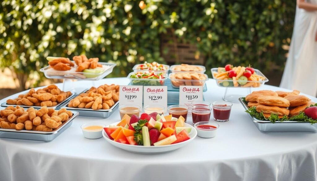 A beautifully arranged table showcasing a variety of Chick-fil-A catering options, including trays of chicken nuggets, sandwiches, and salads, placed on a clean white tablecloth. In the foreground, a tasteful display of fresh fruit and dipping sauces adds vibrant color while maintaining an organized look. In the middle, small signs elegantly detail the prices, written in clear font. The background features soft, natural lighting that creates a warm, inviting atmosphere, accentuated by a subtle blur of lush greenery, suggesting an outdoor event setting. The overall mood is cheerful and professional, ideal for budget planning. The composition is captured from a slightly elevated angle to provide a comprehensive view of the catering display without any text or distractions.