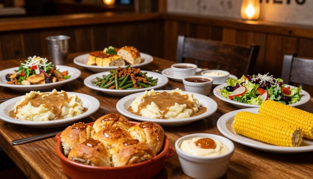A beautifully arranged table showcasing an assortment of Texas Roadhouse catering sides and fixings, including creamy mashed potatoes with gravy, crispy green beans, buttery corn on the cob, and fresh garden salad with a variety of dressings. In the foreground, there are vibrant bowls of homemade rolls with honey cinnamon butter. The middle ground features elegantly plated sides, each garnished artfully, capturing the essence of comfort food. In the background, a rustic restaurant setting with warm wooden accents and softly glowing pendant lights creates an inviting atmosphere. The image should have warm, ambient lighting to evoke a cozy, inviting mood, with a slightly angled perspective to enhance the depth of field, highlighting the mouthwatering appeal of the dishes without including any people or text.
