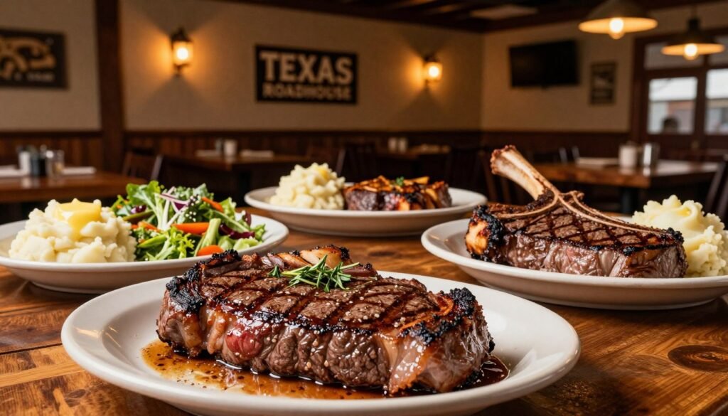 A beautifully arranged table showcasing various Texas Roadhouse steak options, including a perfectly grilled ribeye, a juicy sirloin, and a mouthwatering T-bone steak. Each steak is garnished with fresh herbs and served with sides of buttery mashed potatoes and crisp garden salad. In the foreground, the steaks appear succulent and enticing, with sizzling juices glistening under warm, inviting lighting. The middle captures the detailed textures of the grilled meat, while the background reveals a rustic, warmly lit Texas Roadhouse interior, featuring wooden decor and ambient overhead lights. The atmosphere exudes a cozy, welcoming feel, perfect for a casual dining experience, inviting viewers to imagine the delicious flavors of this mouthwatering meal.