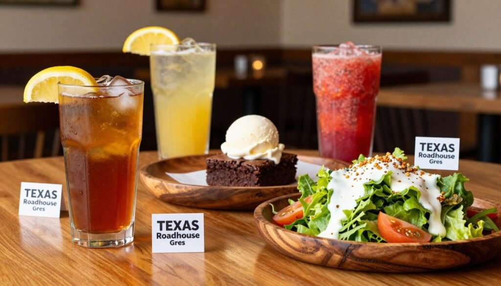 A beautifully arranged tabletop display featuring a selection of gluten-free beverages and limited dessert options from Texas Roadhouse. In the foreground, showcase a refreshing glass of iced tea with a slice of lemon, a colorful fruit smoothie, and a crisp salad adorned with gluten-free dressing. In the middle, place a delicate dessert option like a brownie topped with vanilla ice cream, all presented on rustic wooden plates to evoke the Texas Roadhouse charm. The background should softly blur, suggesting a warm, welcoming restaurant ambiance with warm lighting. The scene captures an inviting and cozy atmosphere, perfect for a dining experience. Ensure the image is vibrant, highlighting the fresh ingredients and gluten-free labels on the dishes.