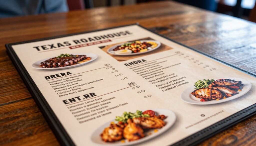 A close-up shot of a Texas Roadhouse menu laid flat on a rustic wooden table, showcasing the main entrees section with detailed allergen information. The menu features a rich, warm color palette typical of Texas Roadhouse, with images of hearty dishes like steak, ribs, and grilled chicken. Soft, natural lighting casts gentle shadows, enhancing the textures of the menu paper and highlighting the food imagery. In the background, blurred hints of a busy restaurant setting with diners enjoying their meals, conveying a lively and welcoming atmosphere. The focus is on the menu detailing allergen symbols next to each entree, clearly visible, creating an informative yet inviting composition. No text or logos are included in the image.