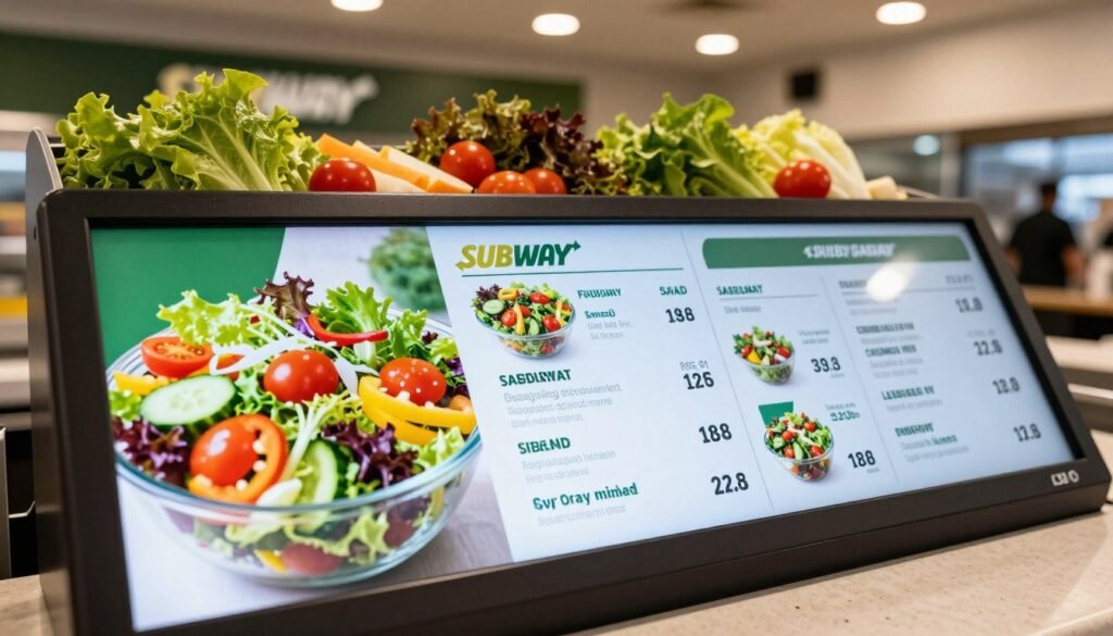 A close-up view of a Subway salad pricing display in a modern restaurant setting. The foreground features a sleek digital menu board showcasing various salad options and their corresponding prices, clearly readable with vibrant graphics. The middle ground includes fresh, colorful ingredients like leafy greens, cherry tomatoes, cucumbers, and sliced peppers beautifully arranged in a clear salad bowl. In the background, a clean and inviting Subway interior with bright ambient lighting creates a lively atmosphere. The scene is captured from a slightly elevated angle to emphasize the menu and the enticing salad. Overall, the mood is fresh and appetizing, conveying the value and variety of Subway's salad offerings without any text or branding elements.