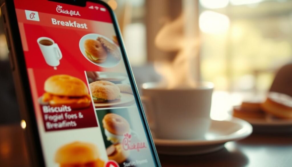 A close-up view of a smartphone displaying the Chick-fil-A mobile app interface, showing a vibrant breakfast menu with a variety of mouth-watering items like chicken biscuits, hash browns, and coffee. The foreground features the crisp screen of the phone, slightly angled to catch the light, highlighting the app's colorful and inviting design. In the middle ground, perhaps a cozy café table setup includes a steaming cup of coffee and a breakfast sandwich, hinting at a delightful dining experience. The background subtly suggests a bright morning ambiance with soft natural light streaming through a window, creating a warm and inviting atmosphere. The overall mood is upbeat and inviting, encouraging viewers to explore their local Chick-fil-A breakfast options.