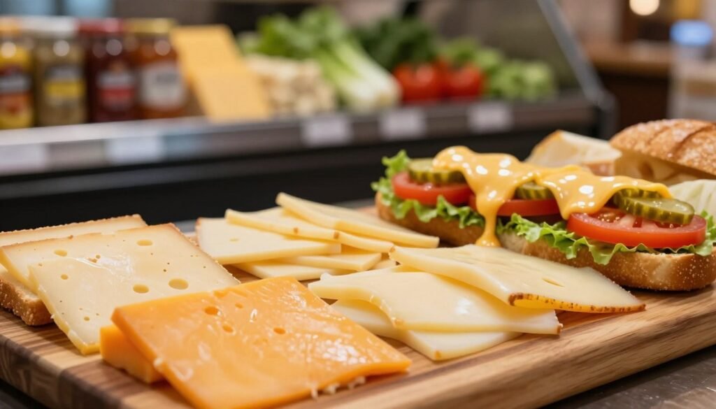 A close-up view of a vibrant, freshly made deli sandwich showcasing a variety of cheese selections. In the foreground, display slices of cheddar, pepper jack, Swiss, and provolone cheese, beautifully arranged on a wooden cutting board. In the middle, include soft, melted cheese cascading over ripe tomatoes, crisp lettuce, and pickles, adding a colorful contrast. The background features a blurred out deli counter with jars of condiments and fresh vegetables, evoking a cozy, welcoming atmosphere. The lighting is warm and inviting, highlighting the textures of the cheeses with a slight sheen. Use a shallow depth of field to focus on the cheese while creating a soft bokeh effect in the background, enhancing the visual appeal of sandwich toppings.