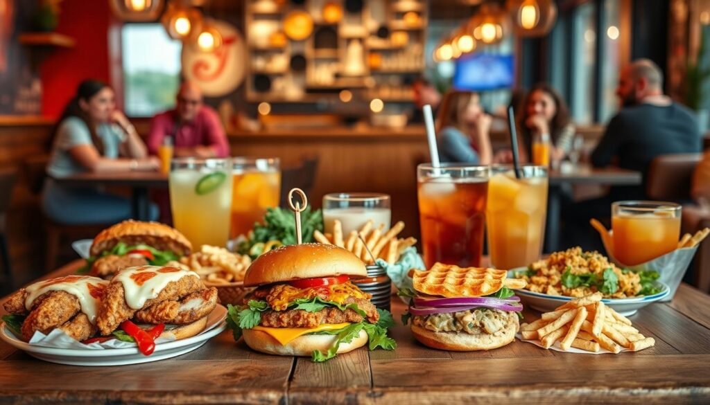 A colorful, enticing display of alternative menu items inspired by Chick-fil-A, arranged on a rustic wooden table. In the foreground, feature crispy chicken sandwiches with distinctive sauces, vibrant salads with fresh vegetables, and side items like waffle fries and mac and cheese. In the middle ground, showcase drinks like lemonade and iced tea served in stylish glassware. The background should feature a soft focus of a vibrant café setting with low lighting and friendly patrons in modest casual attire enjoying their meals, creating a warm and inviting atmosphere. Use warm, natural lighting to enhance the colors and textures of the food, emphasizing the appetizing details while maintaining a clean composition. Aim for an inviting and cheerful mood.