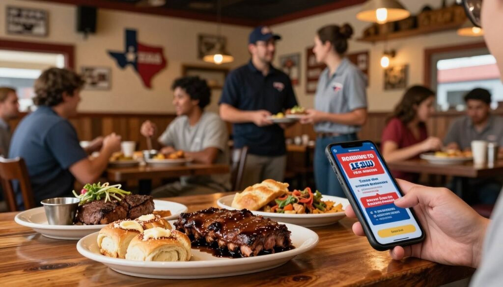 A cozy Texas Roadhouse restaurant interior bustling with activity. In the foreground, a wooden table laden with a delicious array of signature dishes such as steak, ribs, and fresh-baked rolls with cinnamon butter. Adjacent to the table, a hand holding a smartphone displaying vibrant Texas Roadhouse coupons and specials. In the middle, friendly staff in casual uniforms engaging with customers, creating a welcoming atmosphere. The background features warm wooden decor, rustic Texas-themed memorabilia, and softly glowing pendant lights. The scene is well-lit, evoking a warm and inviting mood, reminiscent of a bustling family gathering. Create a depth of field effect to emphasize the table in the foreground while keeping the restaurant lively and inviting.