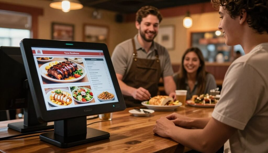A cozy Texas Roadhouse restaurant setting featuring a modern digital ordering kiosk prominently in the foreground. The kiosk displays an inviting digital menu with vibrant dishes like steak and ribs, complemented by sides of fresh salad and warm bread. In the middle ground, a friendly staff member in casual attire assists a happy customer, reflecting a welcoming atmosphere. The background reveals warm wooden decor typical of the Texas Roadhouse brand, with rustic lighting that adds a warm glow to the scene. The overall mood is energetic yet relaxed, perfect for families and friends. The angle captures the interaction between staff and customer, emphasizing the convenience and enjoyment of online ordering.