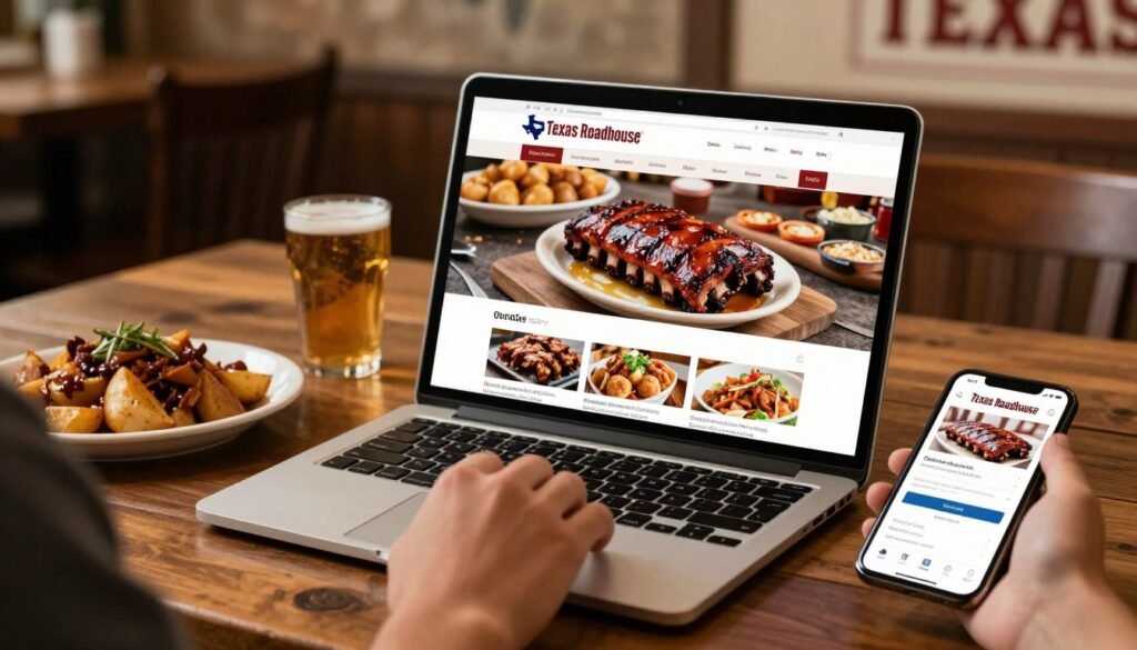 A cozy dining table set with a laptop, displaying the Texas Roadhouse website with eye-catching visuals of appetizing food items, like ribs and loaded potatoes. In the foreground, a hand reaches towards the laptop to navigate the online ordering process, showcasing a smartphone with the Texas Roadhouse app open. The middle section features a warm, rustic ambiance typical of the restaurant, with wooden textures and a few plates of signature dishes. The background includes subtle decorations reminiscent of Texas Roadhouse, such as cowboy-themed elements. Soft, inviting lighting creates a comfortable atmosphere, suggesting the ease of online ordering from home. The image captures a sense of convenience and satisfaction, appealing to diners looking to enjoy their favorite meals. A cozy dining table set with a laptop, displaying the Texas Roadhouse website with eye-catching visuals of appetizing food items, like ribs and loaded potatoes. In the foreground, a hand reaches towards the laptop to navigate the online ordering process, showcasing a smartphone with the Texas Roadhouse app open. The middle section features a warm, rustic ambiance typical of the restaurant, with wooden textures and a few plates of signature dishes. The background includes subtle decorations reminiscent of Texas Roadhouse, such as cowboy-themed elements. Soft, inviting lighting creates a comfortable atmosphere, suggesting the ease of online ordering from home. The image captures a sense of convenience and satisfaction, appealing to diners looking to enjoy their favorite meals.