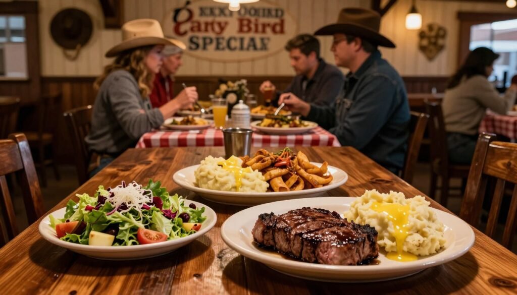 A cozy, rustic Texas Roadhouse interior showcasing an inviting table set for the Early Bird Specials. In the foreground, a delicious spread of signature dishes including a juicy steak, buttery mashed potatoes, and fresh garden salad, all artfully plated. In the middle, a warm, wooden dining table with a checkered tablecloth, soft lighting creating an inviting atmosphere, and decorative Western-themed elements like cowboy hats and rope accents. In the background, patrons in modest casual attire enjoying their meals, giving a sense of community and comfort. The scene lit by warm, golden-toned light, evoking a friendly and welcoming mood, with a focus on the tantalizing food and inviting ambiance of the restaurant.