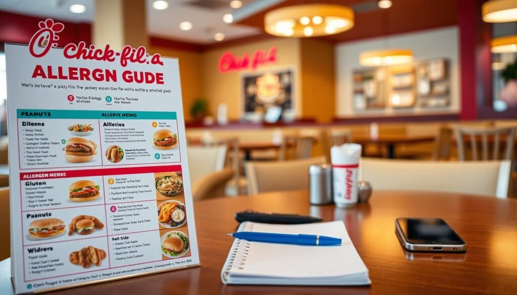 A detailed visual representation of a Chick-fil-A allergen guide, designed to be informative and engaging. In the foreground, display a well-organized allergen menu with clear sections highlighting various food items. Include vibrant images of popular menu dishes like chicken sandwiches, salads, and sides, with colorful icons indicating allergens like peanuts, gluten, and dairy. In the middle ground, incorporate a table setting featuring a notebook, pen, and a smartphone, emphasizing the idea of smart ordering. In the background, softly lit Chick-fil-A restaurant decor, with warm colors that evoke a welcoming atmosphere. Use a slightly elevated angle to capture all elements harmoniously, creating an informative, friendly mood to help diners make safe choices while enjoying their meals.