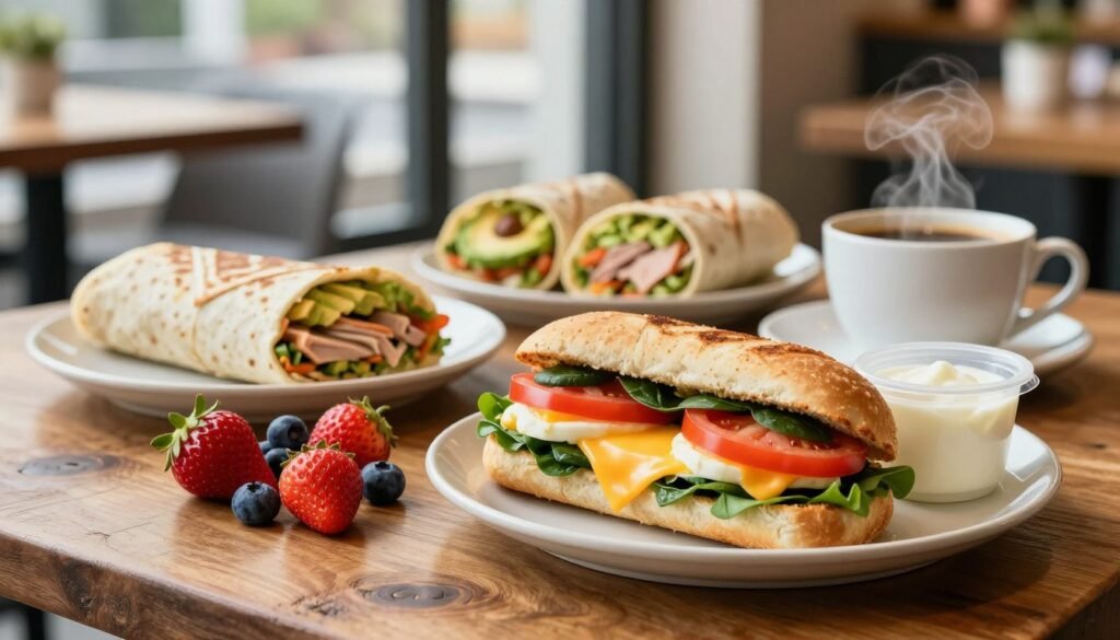 A mouthwatering display of Subway's breakfast offerings, featuring an array of perfectly assembled sandwiches and wraps on a rustic wooden table. In the foreground, showcase a vibrant, stuffed egg and cheese sandwich on a toasted sub roll, garnished with fresh spinach and sliced tomatoes. Include a colorful side of fresh fruit, like strawberries and blueberries, artfully arranged next to a small container of yogurt. In the middle ground, display additional breakfast options such as a flatbread with avocado and turkey, alongside a steaming cup of coffee. The background is softly blurred, hinting at a cozy café setting with natural light streaming through large windows, creating a warm and inviting atmosphere. The overall mood conveys a healthy, energizing start to the day.