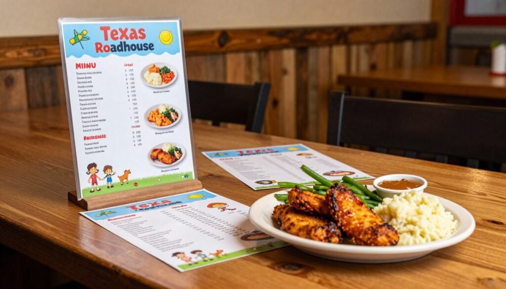 A neatly arranged table showcasing a colorful Texas Roadhouse kids menu, including various meal items and their prices, displayed on a wooden tabletop. The foreground should feature a vibrant, child-friendly dish like a grilled chicken tender with mashed potatoes and fresh green beans, garnished with a small portion of apple sauce. In the middle ground, include the kids menu paper featuring cartoonish designs and illustrations that appeal to children, with prices clearly visible. The background is a warm, cozy restaurant setting with rustic wooden decor, soft lighting creating a welcoming atmosphere. Capture the mood of family dining, highlighting the excitement and satisfaction of kids enjoying their meals. Use a shallow depth of field to draw focus to the table while softly blurring the background.