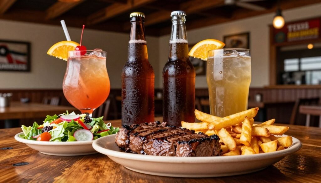 A rustic wooden table set with a vibrant spread featuring a Texas Roadhouse meal. In the foreground, a juicy steak served with crispy fries and a fresh side salad, paired with a colorful cocktail garnished with citrus slices and a cherry. In the middle, a tall glass of sweet tea and a chilled beer bottle, both artfully arranged beside the meal. The background consists of a warmly lit ambiance typical of a Texas Roadhouse, with wooden beams and soft hanging lights creating a cozy atmosphere. The scene captures the essence of pairing delicious food with complementary drinks, emanating a welcoming and friendly mood suitable for a casual dining experience. The lighting should be warm and inviting, reflecting the lively spirit of the restaurant.