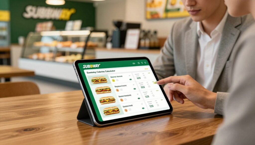 A sleek Subway Calories Calculator interface prominently displayed on a modern tablet atop a polished wooden table. In the foreground, the tablet screen showcases colorful graphics of various Subway subs with calorie counts and nutritional breakdowns. The middle ground features a casual, well-dressed person in professional attire, engaged in making healthy choices from the calculator, with a focused expression. In the background, a minimalist Subway restaurant design is visible, featuring green and yellow accents, glass counters, and neatly arranged food options. Soft, natural lighting illuminates the scene, casting a warm glow, creating an inviting and health-conscious atmosphere, captured from a slightly elevated angle for a dynamic perspective. A sleek Subway Calories Calculator interface prominently displayed on a modern tablet atop a polished wooden table. In the foreground, the tablet screen showcases colorful graphics of various Subway subs with calorie counts and nutritional breakdowns. The middle ground features a casual, well-dressed person in professional attire, engaged in making healthy choices from the calculator, with a focused expression. In the background, a minimalist Subway restaurant design is visible, featuring green and yellow accents, glass counters, and neatly arranged food options. Soft, natural lighting illuminates the scene, casting a warm glow, creating an inviting and health-conscious atmosphere, captured from a slightly elevated angle for a dynamic perspective.