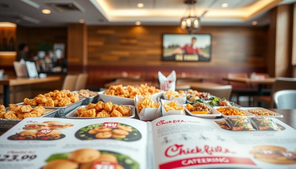 A stylishly designed Chick-fil-A catering menu displayed prominently in a well-lit restaurant setting. The foreground features a vibrant, open catering menu with a variety of delicious food items like trays of chicken nuggets, packaged sandwiches, and fresh salads, all arranged neatly. In the middle, a few neatly presented catering options with colorful sides like waffle fries and fruit cups are featured. The background showcases a cozy restaurant atmosphere with wooden accents and warm lighting, creating an inviting feel. The overall mood is friendly and welcoming, perfect for gatherings. Use a soft focus to highlight the menu details while maintaining a balanced composition, capturing the essence of Chick-fil-A's catering offerings.