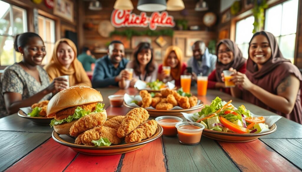 A vibrant Chick-fil-A lunch scene featuring a delicious spread of signature menu items. In the foreground, a colorful wooden table displays a variety of lunch specials: a crispy chicken sandwich, nuggets, and a refreshing side salad, all beautifully plated. Around the dishes, bright dipping sauces add a pop of color. In the middle ground, a rustic dining environment with soft natural lighting filtering through large windows creates a warm and inviting atmosphere. Grouped together, diverse individuals of varying backgrounds are enjoying their meals, dressed in casual, modest attire, sharing smiles and laughter. A background of cheerful décor includes Chick-fil-A branding and greenery. The angle is slightly overhead, enhancing the sense of shared joy and comfort. Overall, the image radiates a cozy, friendly vibe that encapsulates the essence of midday meals at Chick-fil-A.