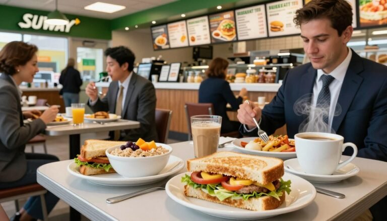 A vibrant Subway breakfast scene set during morning hours. In the foreground, a neatly arranged table showcases a colorful spread of Subway’s breakfast items: a freshly made breakfast sandwich, a bowl of oatmeal topped with fruit, and a cup of steaming coffee. In the middle, patrons in professional business attire enjoy their meals, reflecting a lively atmosphere of people starting their day. The background features the Subway restaurant’s welcoming interior, with bright lighting illuminating the menu board displaying breakfast hours and selections. The angle is slightly elevated, capturing both the inviting details of the food and the cheerful interactions among customers. The overall mood is warm and energetic, encapsulating the essence of a bustling morning at Subway.