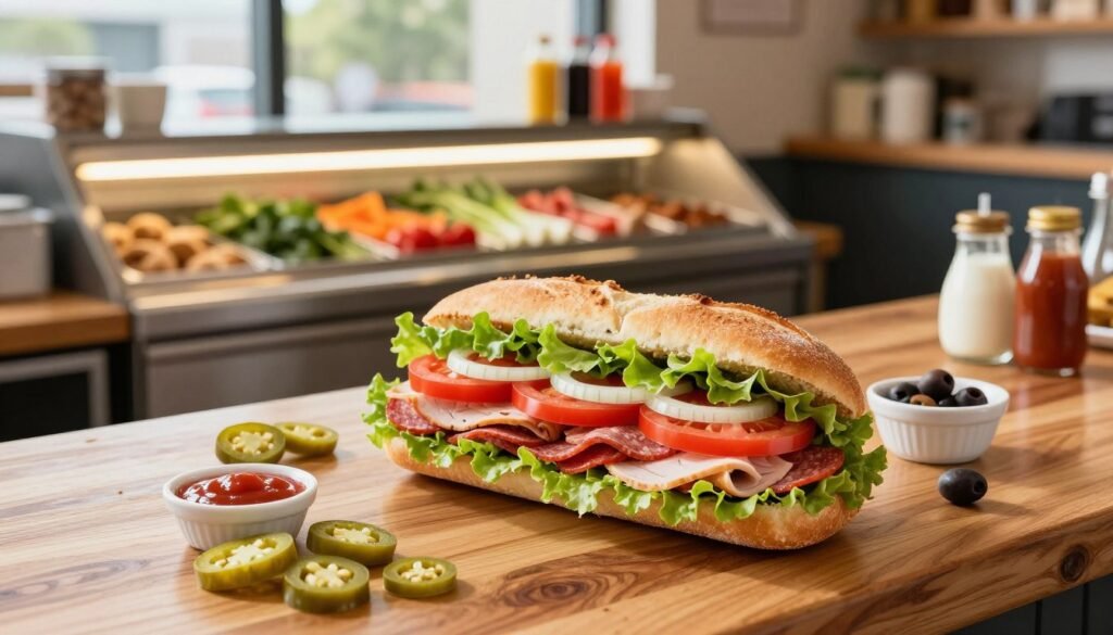 A vibrant Subway sandwich customization scene, showcasing a half-assembled sandwich on a sleek wooden counter. In the foreground, a fresh, crusty sub roll is filled with layers of colorful ingredients: crisp lettuce, ripe tomatoes, sliced onions, and a selection of meats like turkey and pepperoni. Various toppings and sauces are arranged artistically around the sandwich, including pickles, jalapeños, and olives. In the middle background, a bright, well-lit sandwich assembly station offers an array of veggies and condiments, creating an inviting atmosphere. Natural light filters in from a large window, creating a warm and appetizing ambiance. The image captures the creativity and joy of customizing a sandwich, evoking a sense of freshness and delicious possibilities.