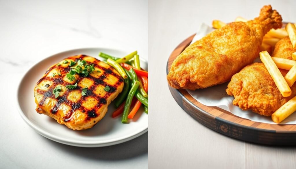 A vibrant and detailed split image showcasing a side-by-side comparison of grilled and fried chicken dishes on a sleek white background. On the left, a juicy grilled chicken breast garnished with fresh herbs, served on a clean plate with a colorful side of steamed vegetables, highlighting a healthy option. On the right, a crispy fried chicken piece on a rustic wooden platter, adorned with a side of golden fries, depicting indulgence. The lighting is soft and natural, emphasizing the contrasting textures of each dish. The angle is slightly elevated, capturing the delicious details and vibrant colors. The mood is informative yet inviting, perfect for illustrating the health-conscious choice between grilled and fried chicken.