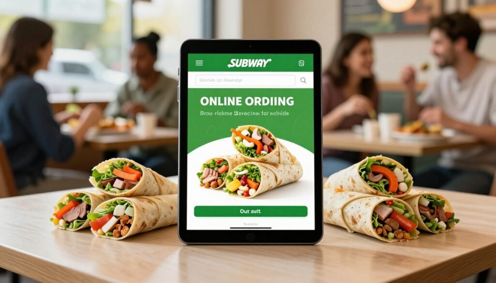 A vibrant and inviting scene showcasing a modern digital device, such as a tablet or smartphone, displaying the Subway online ordering interface for wraps. In the foreground, the device is centered and clearly visible, with a colorful variety of appetizing wraps—filled with fresh vegetables, meats, and sauces—artistically arranged around it. The middle ground features a cozy dining setting, with a well-lit table and a cheerful atmosphere, accentuated by soft, natural light coming from a nearby window. In the background, hints of a lively restaurant environment can be seen, with blurred customers enjoying their meals, creating a warm, communal vibe. The composition gives a sense of convenience and deliciousness, perfect for enticing viewers to explore Subway's wrap options.