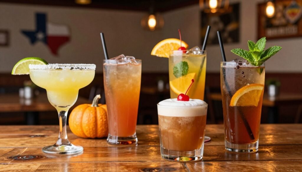 A vibrant depiction of Texas Roadhouse specialty drinks, presented on a rustic wooden table. In the foreground, a variety of colorful cocktails are elegantly arranged: a tall glass of frozen margarita with a salted rim, a bubbling whiskey sour with a cherry on top, and a refreshing sweet tea with a sprig of mint. In the middle, seasonal offerings like a pumpkin-flavored drink and a bright summer sangria, garnished with fresh fruit, add festivity. The background features a softly-lit, inviting Texas Roadhouse ambiance, with warm wooden decor and soft golden lighting. The mood is cheerful and welcoming, perfect for gathering with friends. Use a shallow depth of field to focus on the drinks while creating a bokeh effect with the background.