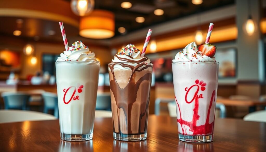 A vibrant display of Chick-fil-A hand-spun milkshakes in various flavors, including classic vanilla, rich chocolate, and fruity strawberry, elegantly presented in tall, frosty cups topped with whipped cream and colorful sprinkles. Foreground: close-up of the milkshakes, showing their creamy textures and enticing layers. Middle: a soft-focus view of an inviting restaurant setting with a polished wooden table and subtle hints of Chick-fil-A decor. Background: a warm, slightly blurred restaurant ambiance with soft lighting that creates a cozy, welcoming atmosphere. The scene captures the refreshing nature of the drinks, evoking feelings of indulgence and comfort, inviting viewers to savor the rich flavors of summer. Shot with a 50mm lens, natural lighting for a soft glow.