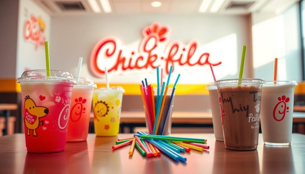 A vibrant display of Chick-fil-A kids' drink options arranged on a cafeteria table. In the foreground, colorful cups featuring playful, kid-friendly designs—like cartoon animals and bright colors—filled with lemonade, fruit punch, and chocolate milk. The middle ground shows a variety of straws in different colors and a cheerful, refreshing atmosphere with a large, inviting picture of the Chick-fil-A logo subtly in the background. The lighting is warm and bright, creating a sunny ambiance that suggests a friendly and fun dining experience. Capture the essence of a family-friendly restaurant setting, appealing to children and parents alike, with an emphasis on refreshment and joy.