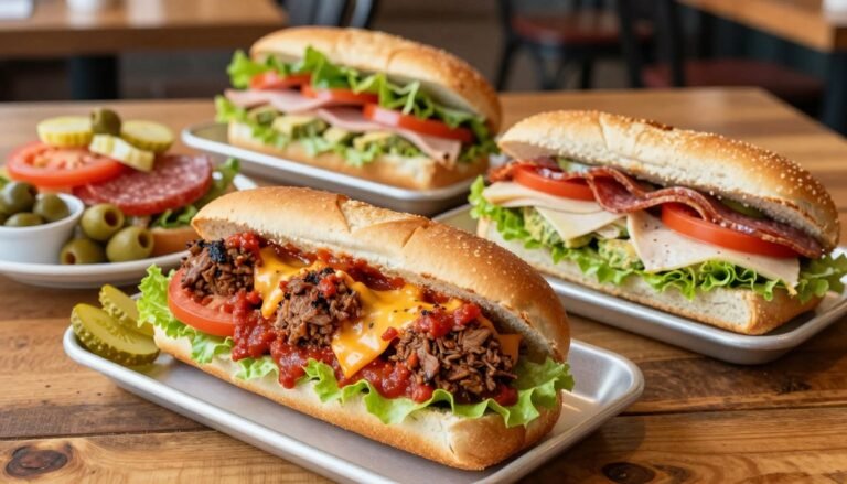 A vibrant display of Subway classic sandwiches on a rustic wooden table, showcasing a variety of options: a meatball sub overflowing with marinara sauce and melted cheese, a turkey and avocado sandwich with fresh lettuce and tomatoes, and a classic Italian BMT with layers of salami, ham, and provolone. The sandwiches are artfully arranged with garnishes of olives and pickles. The foreground is bright and inviting, with soft natural lighting illuminating the textures of the bread and fresh vegetables. In the background, a blurred restaurant-like environment adds to the casual dining atmosphere. Use a slightly overhead angle to capture the depth and fillings of each sandwich. The mood should convey warmth and nostalgia, emphasizing the timeless favorites loved by many.