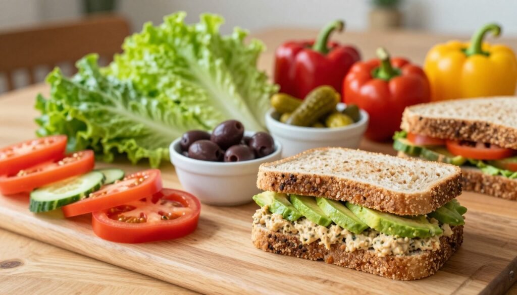 A vibrant display of Subway vegan options arranged on a clean wooden table, highlighting an array of fresh vegetables such as crisp lettuce, juicy tomatoes, sliced cucumbers, and colorful bell peppers. In the foreground, a freshly made sandwich showcases layers of avocado spread and hummus, accompanied by whole-grain bread. The middle ground features small bowls filled with olives, pickles, and various plant-based toppings. Soft, natural lighting illuminates the scene, creating a welcoming atmosphere, while the background is subtly blurred to emphasize the foreground, maintaining focus on the delicious vegan meal. A warm, inviting ambiance evokes a sense of healthy, mindful eating.