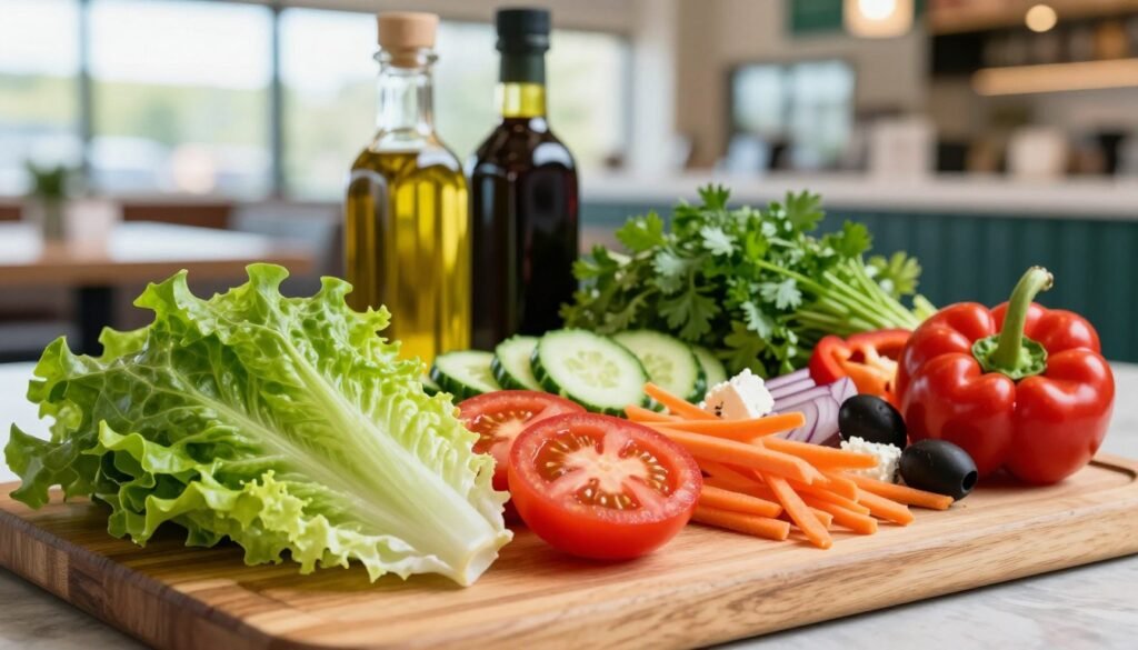 A vibrant display of fresh Subway salad ingredients arranged artfully on a wooden cutting board. In the foreground, crisp romaine lettuce leaves are nestled beside sliced ripe tomatoes, crunchy cucumbers, and bright red bell peppers. A handful of shredded carrots and red onions provide a pop of color, while scattered black olives and sprinkle of feta cheese add texture. In the middle ground, jars of olive oil and balsamic vinegar hint at dressing options, and strategically placed herbs like parsley and cilantro enhance the freshness. The background is softly blurred, suggesting a modern Subway restaurant interior with natural light streaming through large windows, creating an inviting and fresh atmosphere. The overall mood is clean, appetizing, and wholesome, inviting viewers to explore the delicious salad options.