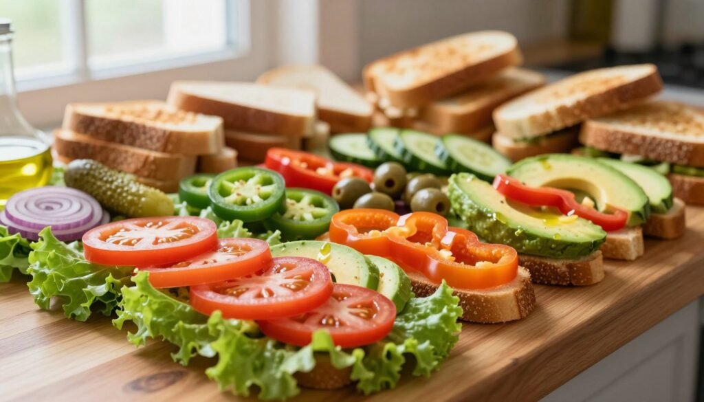 A vibrant display of fresh subway sandwich ingredients arranged artfully on a wooden countertop. In the foreground, pile of crisp green lettuce, sliced tomatoes, vibrant bell peppers, and creamy avocado, complemented by a variety of pickles and onions. The middle ground features an array of colorful toppings like jalapeños, olives, and sliced cucumbers, with a glistening drizzle of olive oil. In the background, soft-focus includes an array of toasted sandwich breads and rolls, illuminated by soft, natural light streaming in from a nearby window. The scene captures a fresh, inviting atmosphere, evoking a sense of delicious possibility in every bite. Ideal for showcasing the abundance and freshness of vegetable toppings in a classic sandwich setup.