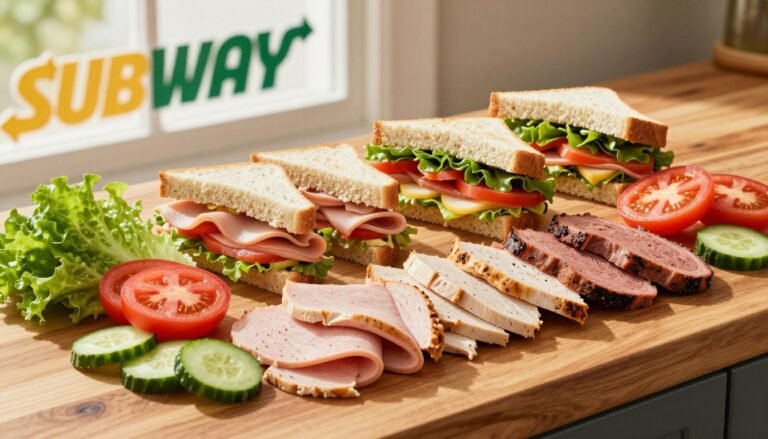 A vibrant, enticing display of Subway's protein options laid out on a wooden countertop. In the foreground, a selection of fresh meats like turkey, chicken breast, and roast beef is artistically arranged, complemented by vibrant vegetables such as crisp lettuce, ripe tomatoes, and sliced cucumbers. In the middle ground, a few Subway sandwiches are partially assembled, showcasing the layers of protein and fresh ingredients. The background features a subtle Subway logo in a blurred effect to maintain focus on the food. Natural light streams in from a nearby window, creating a warm and inviting atmosphere. The angle is slightly top-down to capture the arrangement in detail while emphasizing the freshness and variety of healthy protein choices available.