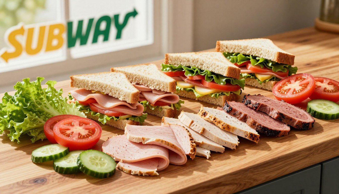 A vibrant, enticing display of Subway's protein options laid out on a wooden countertop. In the foreground, a selection of fresh meats like turkey, chicken breast, and roast beef is artistically arranged, complemented by vibrant vegetables such as crisp lettuce, ripe tomatoes, and sliced cucumbers. In the middle ground, a few Subway sandwiches are partially assembled, showcasing the layers of protein and fresh ingredients. The background features a subtle Subway logo in a blurred effect to maintain focus on the food. Natural light streams in from a nearby window, creating a warm and inviting atmosphere. The angle is slightly top-down to capture the arrangement in detail while emphasizing the freshness and variety of healthy protein choices available.